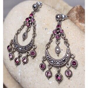 Vintage Purple Crystal Marcasite Crescent Moon Chandelier Dangle Earrings